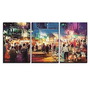 3 Piece Canvas Wall Art - Painting of Shopping Street City with Colorful Nightlife - Modern Home Art Stretched and Framed Ready to Hang - 16"x24"x3 Panels