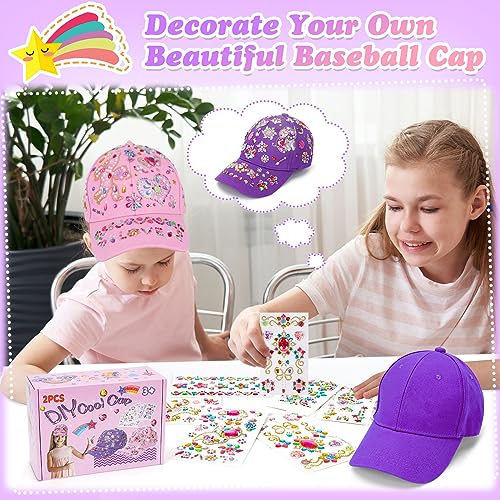 LITTLEFUN Decorate Your Own Baseball Cap with Glitter Gem Stickers for Kids Crafts Toys Gifts - Girls Birthday Presents
