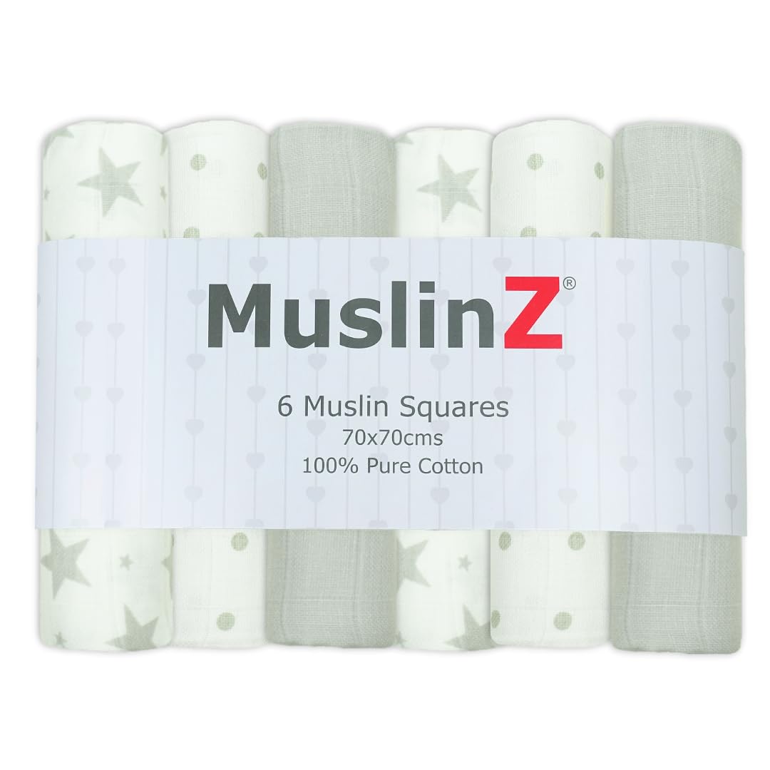 MuslinZ- 6 pack Muslin Squares Baby Burp Cloths 70x70cms Perfect for Newborns, multi-use, Oeko-Tex standard 100, UK brand. (Grey Star, 70x70 cm (Pack of 6))