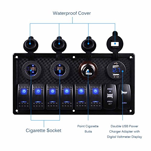 Marine Rocker Switch, AutoEC 8 Gang Circuit LED Car Waterproof Boat Rocker Switch Panel with Fuse, 4.2A Dual USB Slot+Power Socket Breaker Voltmeter+Momentary Rocker Switch+Horn Switch for RV Car Boat - Thumbnail 2