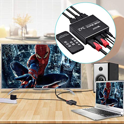 HDMI Matrix Switch 3X2 - Tendak 4K x 2K 3 in 2 Out HDMI Switch Splitter with Optical & L/R HDMI Audio Extractor Support ARC with IR Remote Control & Power Adapter - Thumbnail 5