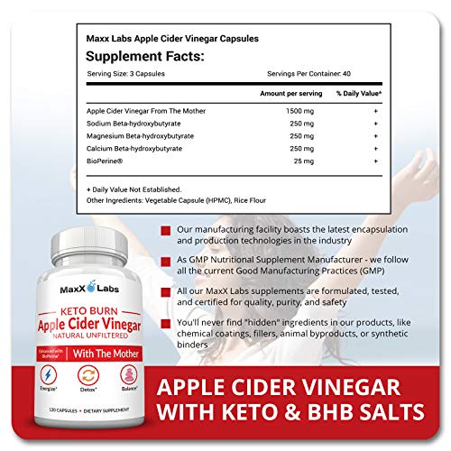 Keto Apple Cider Vinegar Capsules with Mother + Keto BHB w/ 2275mg of Unfiltered, Natural, Detox