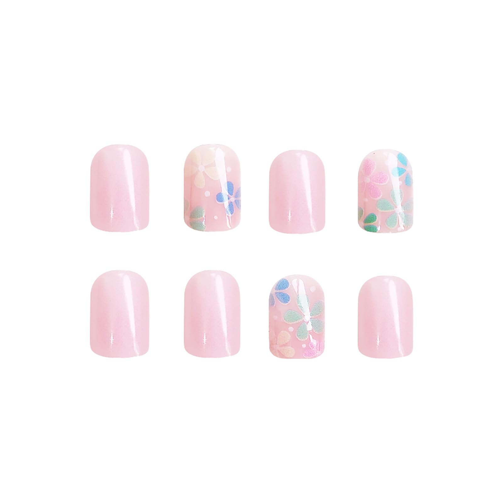 24Pcs Colorful Flower Press-On Nails - Short, Square, Fake, Spring-Summer Nail Art Set, Light Pink Acrylic, Full Cover Glossy False Nails for Women & Girls - Image 2
