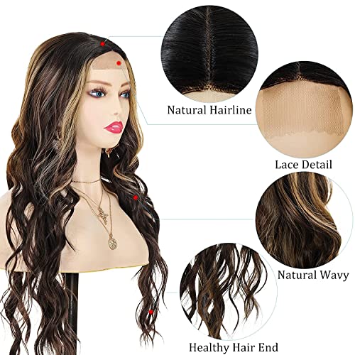 POPTAIYU Long Brown Mixed Blonde Wavy Highlight Lace Front Wig for Women 26 Inch Middle Part Curly Wig Natural Looking Synthetic Heat Resistant Imported Fiber Wig for Daily Party Use (Brown Mixed Blonde)