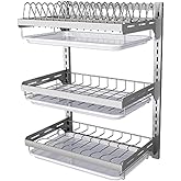 WWWHZGYS Dish Rack Wall Mounted,3 Tier Stainless Steel Dish Rack,Silvery | Hanging Dish Drying Rack,Adjustable Length Drain Rack.with Drain Tray,Hooks, 41.2*26.6*55.5IN