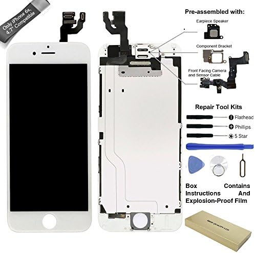 ElecAir 4.7 inch LCD Screen Display Touch Digitizer Frame Assembly for iPhone 6S White Replacement &amp; Tools, Preinstalled Front Camera, Ear Speaker, Approximity Sensor, 3D Touch, Free Protector (White)