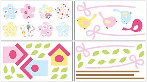 Unkk Kids Girls Pink Green Blue Birds Wall Decals, Animal Themed Wall Stickers Peel Stick, Fun Flowers Floral Bird House Tweet Trees Bright Cute Adorable Decorative Graphic Mural Art, Vinyl