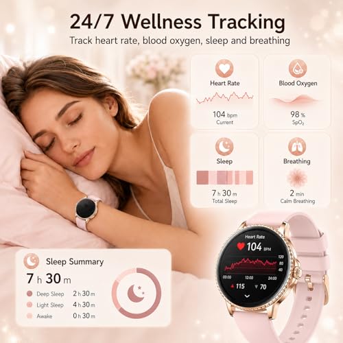 Reloj Inteligente Mujer 1,27" Smartwatch Redondo con Llamadas Bluetooth, Frecuencia Cardíaca SpO2 Sueño, 120+ Modos Deportivos, IP68 Resistente al Agua, 2 Correas, Compatible con Android iOS, Oro Rosa