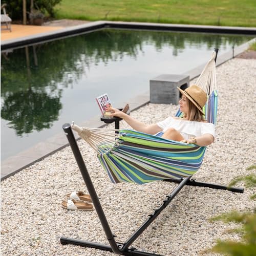 Vita5 Hammock with Stand - Adjustable Frame 290-330cm - Large 80% Cotton 20% Polyester Hammock for Garden, Patio, Balcony and Camping - Portable with Carry Bag