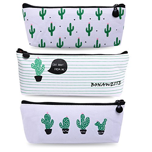 Bonaweite Cactus Pencil Bag Linen Pastoral Bandage Case Cute Cacti Pen Zipper Coin Organizer Makeup Cosmetic Pouch Holder for Desk Set of 3