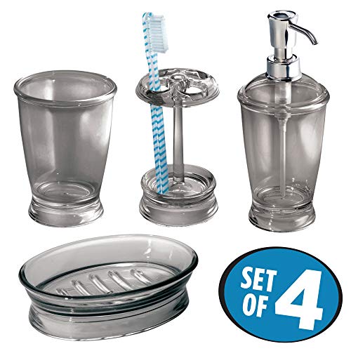mDesign Bath Accessory Set, Soap Dispenser Pump, Toothbrush Holder, Tumbler, Soap Dish - 4 Pieces, Smoke Gray