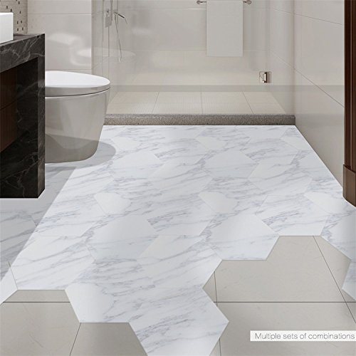 GanDecor Marble Effect Hexagon Shape Wall Sticker Floor Tiles Decal Peel and Stick DIY Kitchen Bathroom Decor Antislip 10 Pcs/set 20x23cm/7.87x9.06 - Thumbnail 6