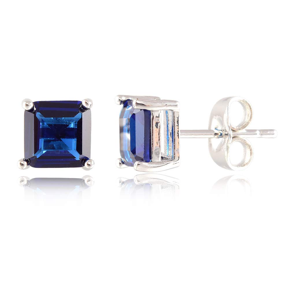 [RIZILIA CLASSIC] Stud Pierced Earrings with Square Emerald Cut Gemstones CZ [Blue Sapphire] in 18K White Gold Plated, Simple Modern Elegant