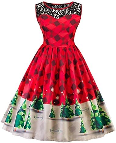 Women's Christmas dress,Toponly Women Autumn Vintage Print Lace Christmas Tree Firefly Checkered Snow Swing Dress (Red, XXL)