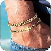 RANKEEF 2Pcs Mens Silver Bracelet with Cross Pearl Sturdy Stainless Steel Bracelets for Men Non Tarnish Adjustable Snake Box Figaro Rope Cuban Link Bracelet Set Gifts to Men Dad