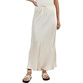 Meladyan Woman Drawstring High Elastic Waist Maxi Long Skirt A Line Flare Solid Slim Fitted Going Out Casual Midi Skirts