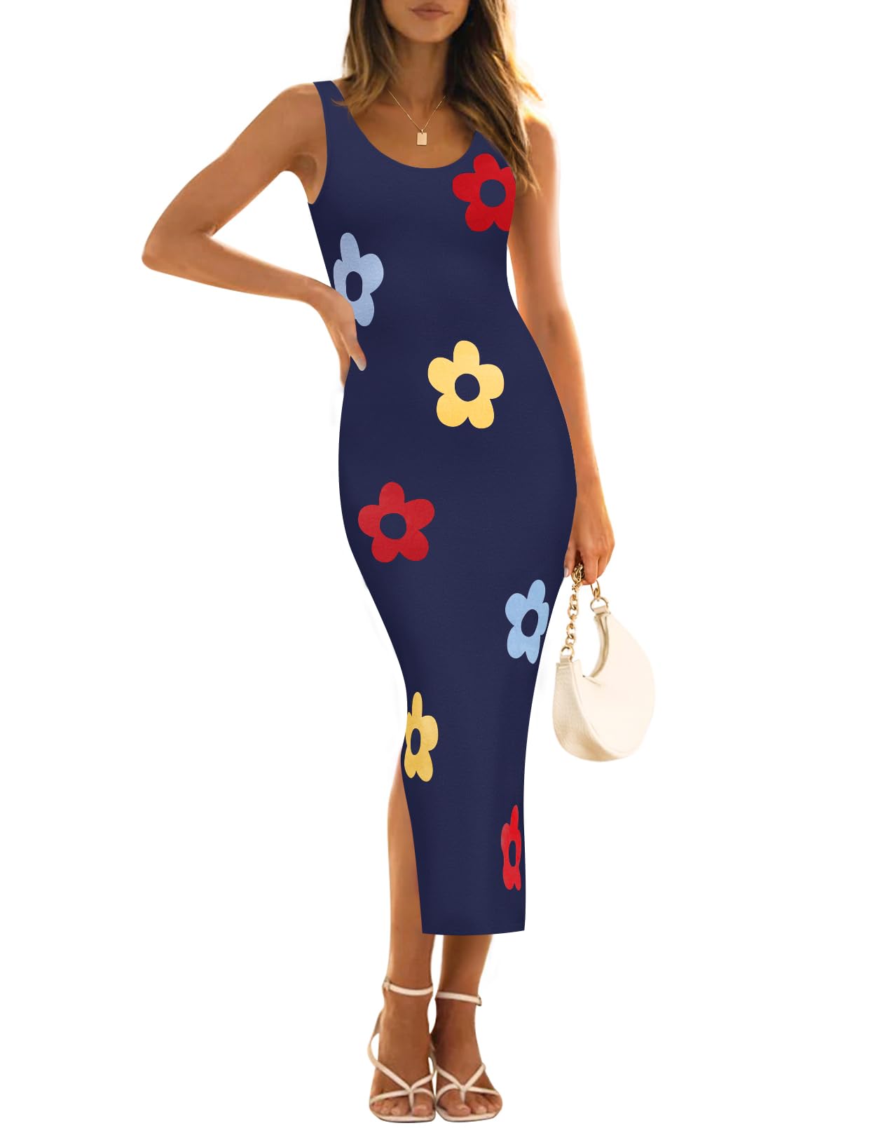 Photo 1 of ZESICA Women's Summer Knit Bodycon Midi Dress 2025 Sleeveless Floral Crewneck Color Block Long Beach Party Dresses,Navy,X-Large