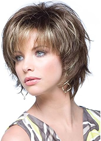 LEJIMEI Short Brown Wigs for White Women Straight Brown Mixed Blonde Wigs with Bangs Natural Synthetic Full Wigs for Women with Wig Cap LM028