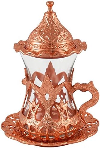 Set of 6 Tea Cups (4 Oz) with Saucer, Copper Color Moroccan Drinkware, Turkish Tea Glass, Podstakannik, Tea Set, TeaCup with Lid, Russian Tea Glass Holder