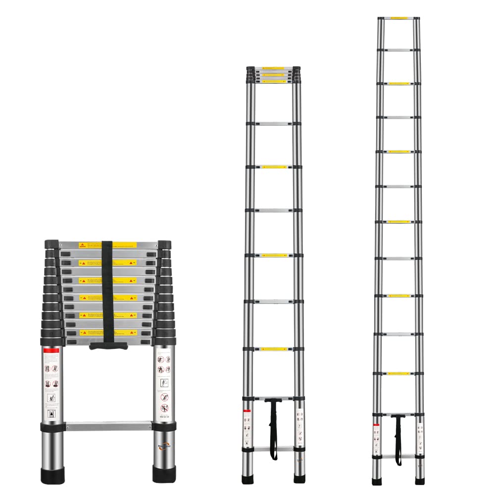 Multibao 3.8M / 12.5FT Telescopic Ladder Multi-Purpose Portable Telescoping Aluminium Extension Adjustable Height EN131 Safe Standard 13 Steps 150kg Capacity