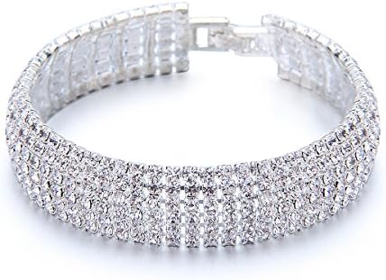 YUXI Rhinestone Stretch Bracelet Silver Tone Bangle Austrian Crystal Bracelets for Wedding, Prom, Party or Pageant (6 Rows)