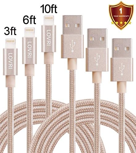 LOVRI Lightning Cable 3Pack 3FT 6FT 10FT Nylon Braided Charging Cable Cord 8-Pin Lightning to USB Cable Charger for Apple iPhone 7/7 Plus/6/6s/6 Plus/6s Plus/5/5c/5s/SE,iPad, iPod.(gold)