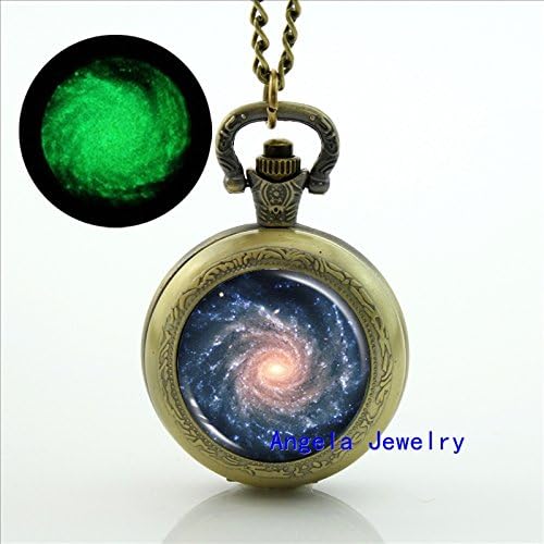 Pretty Lee Fashion Spiral Galaxy Glowing Pocket Watch Necklace Space Glass Jewelry Glow in the Dark Pendant