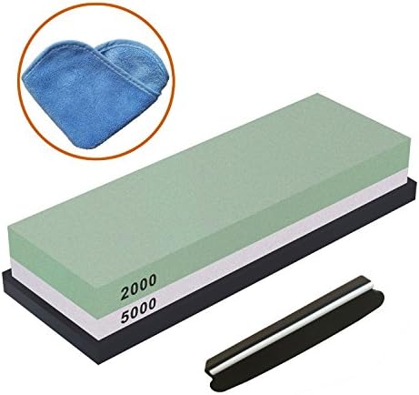 Whetstone, IWIVI Double-Side Knife Sharpening Stone Set Grit 2000//5000 Knife Sharpener Combination Waterstone Kits with Non-slip Silicone Base, Angle Guide and Cleaning Towel (2000# / 5000#)