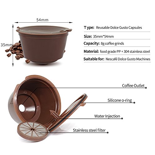 BRBHOM 6 Refillable Dolce Gusto Coffee Capsule Reusable Dolce Gusto Coffee Filter with Coffee Spoon,Brush (6, Coffee)