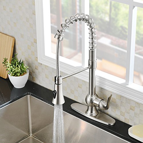 Comllen Lead Free Modern Stainless Steel Brushed Nickel Pull Down Kitchen Sink Faucet, Pull Out Sprayer Kitchen Faucet With Cover Plate
