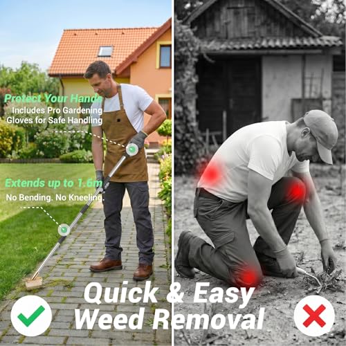 Kosmoflux Weed Remover Tool for Block Paving, 1-Sec Quick Release Weeding Tool with 63" Long Handle, 4-in-1 Scraper Axe & Metal Wire Brush Set for Garden Patio Driveway Crack Moss Removal