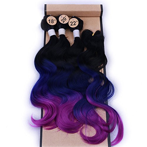 HANNE Ombre Color Hair Synthetic Body Wave Hair 18"20"22" with Closure Heat Resistant Fiber Hair Colorful Synthetic Hair Extensions (Black&Blue&Purple)