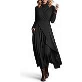 Akivide Women's Turtleneck Long Sleeve Irregular Asymmetrical Maxi Dress Stretch Casual Elegant Church Dress with Pockets