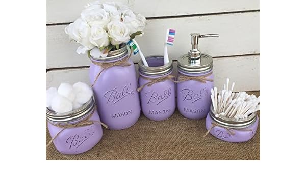 Amazon Com Painted Mason Jar Bathroom Set Of 5 Lavendar Rustic