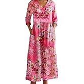 Akivide Women's Long Sleeve Boho Floral Prirted V Neck Tunic Dress Casual Loose Fall Tunic Maxi Dresses 2025 with Pockets