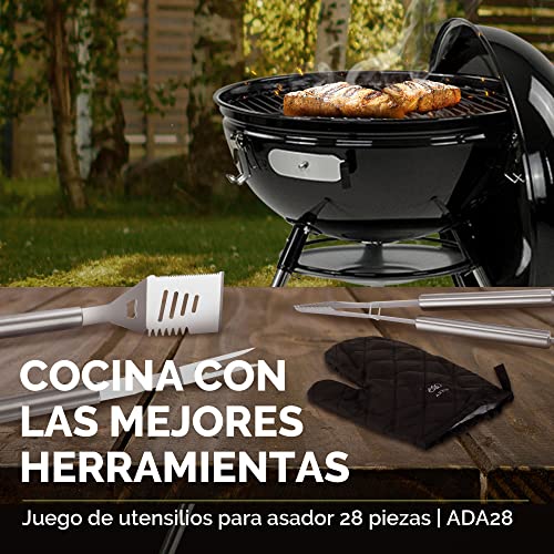 AVERA Utensilios para Asador 28 Piezas Acero Inoxidable, Incluye Mandil, Asadores, BBQ, Carne Asada, Accesorios Asador, Kit Asador, Kit Parrillero, ADA28