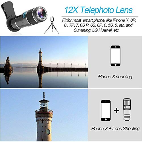 Phone Camera Lens, 4 in 1 Cell Phone Lens kit, 12x Telephoto Lens + 0.65x Wide Angle Lens + Macro Lens + Fisheye Lens,Clip-On Lenses for iPhone Android Smartphone with Tripod+Shutter Remote