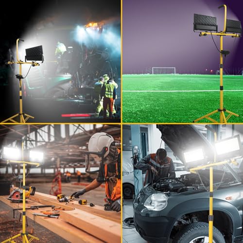 BOYKIM LED Work Light with Stand,200W 20000Lumens Portable Outdoor Flood Lights with 16ft Long Power Cord,IP66 Waterproof Adjustable Height for Construction Garage Workshop Jobsite