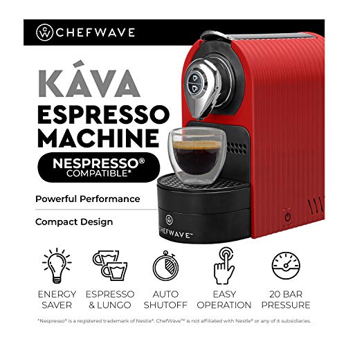 ChefWave Mini Espresso Machine - Nespresso Capsules Compatible - Programmable One-Touch 27 Oz. Water Tank, Premium Italian 20 Bar High Pressure Pump - 40 Pod Holder, 2 Double-Wall Glass Cups - Red - Thumbnail 2