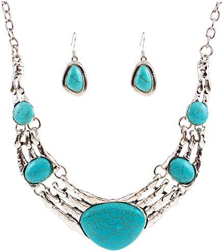ZMJ New Hot Women Girl Crystal Pendant Silver Chain Necklace Stud Earring Jewelry Set(J-SN24TURQUOISE)