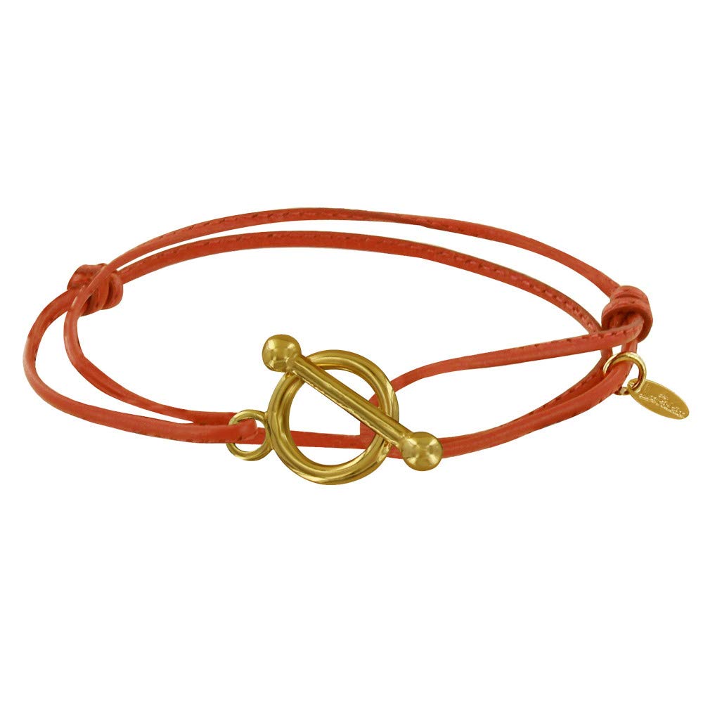 LES POULETTES BIJOUX - Gold Plated Double Turn Bracelet T Clasp and Sliding Leather Link - Orange
