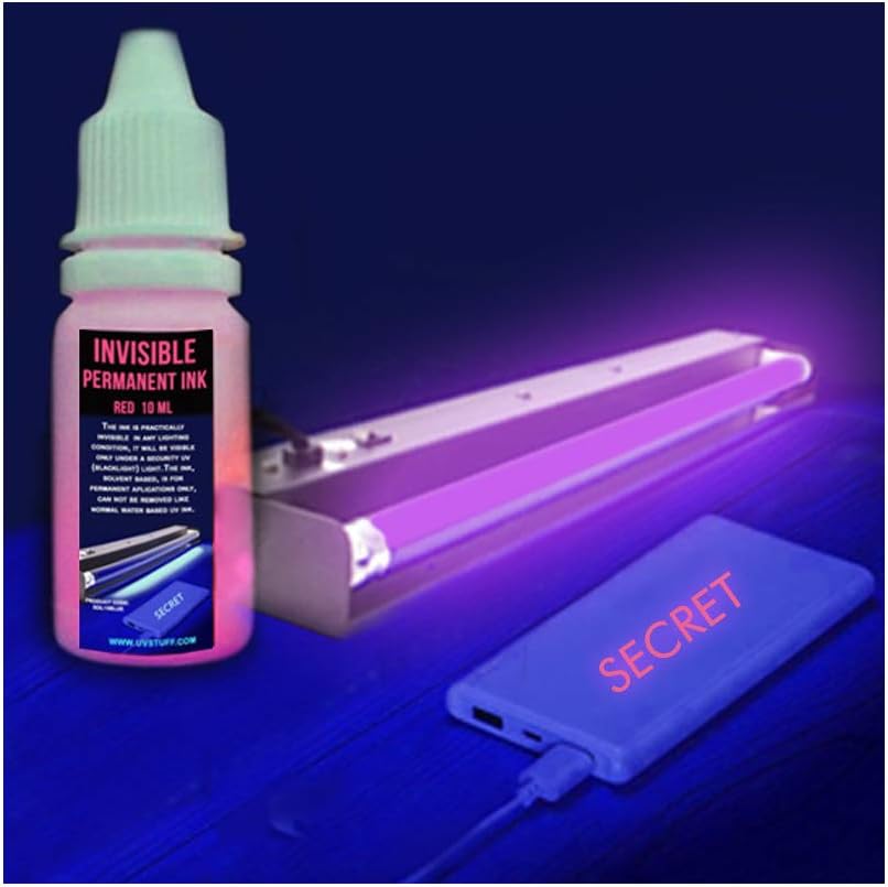 Invisible Permanent UV Ink, Fluorescent Ink, Visible at Black Light, 0.33 oz(10 ml), for Any Surface, Permanent neon Ink, Solvent Based for Security, Identification, Secret inscriptions (Red)