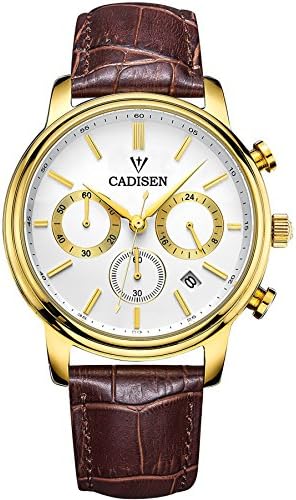 Cadisen Vintage Gold Mens Luxury Sports Chronograph Leather Quartz Watches