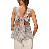 Women Gingham Babydoll Tank Top Cute Sleeveless Backless Wide Straps Peplum Shirt Y2K Square Neck Bowtie Cami Top
