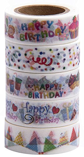 Washi Tape (Japanese Masking Tape) by MIKOKA, 0.6 Inches Wide, 32.8 Feet Long, Set of 5 - Happy Birthday