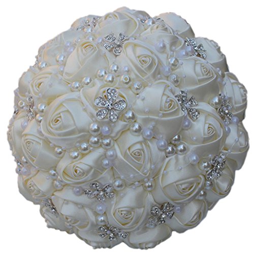 S_SSOY Wedding Bouquet Bride Bridal Brooch Bouquets Bridesmaid Bouquet Diamond Pearl Ribbon Valentine's Day Confession Party Church with Free Corsage Flower, Ivory White