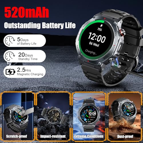 Smart Watch for Men Answer/Make Calls, 1.43" AMOLED Military Smart Watch with GPS/Torch/Compass/Altitude/Heart Rate/Health Monitor/Blood Oxygen, 5ATM Waterproof, 160+ Sports Smartwatch for iOS Android
