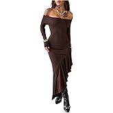 Milumia Women's Off Shoulder Long Sleeve Long Dress Y2k Ruffle Asymmetrical Bodycon Maxi Dresses