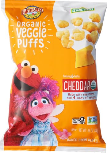 EARTH’S BEST ORGANIC VEGGIE PUFFS FOR TODDLERS 2 YEARS OLD AND UP, CHEDDAR FLAVOR, 1.55 OUNCE BAG