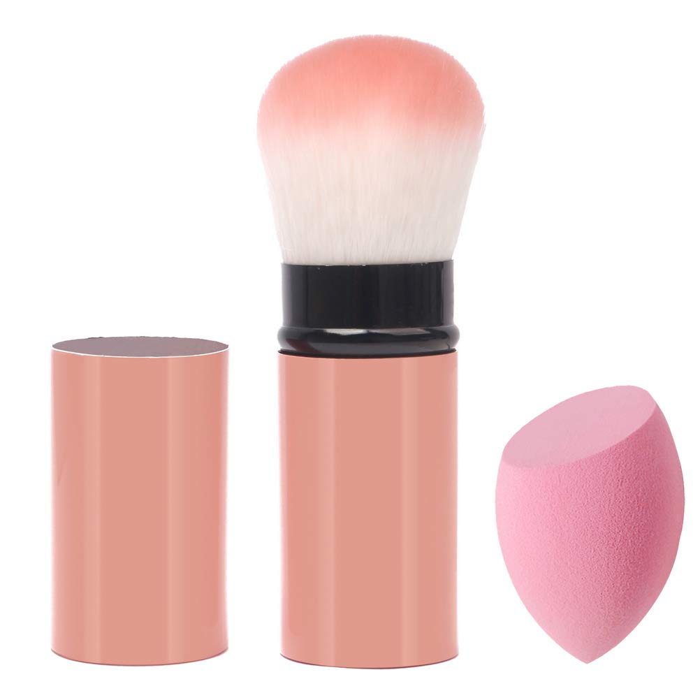 Retractable Makeup Brush, 1pcs Portable Face Blush Brush with 1pcs Makeup Sponge Pink Travel Powder Brush with Cover Cosmetics Make Up Tool: Beauty